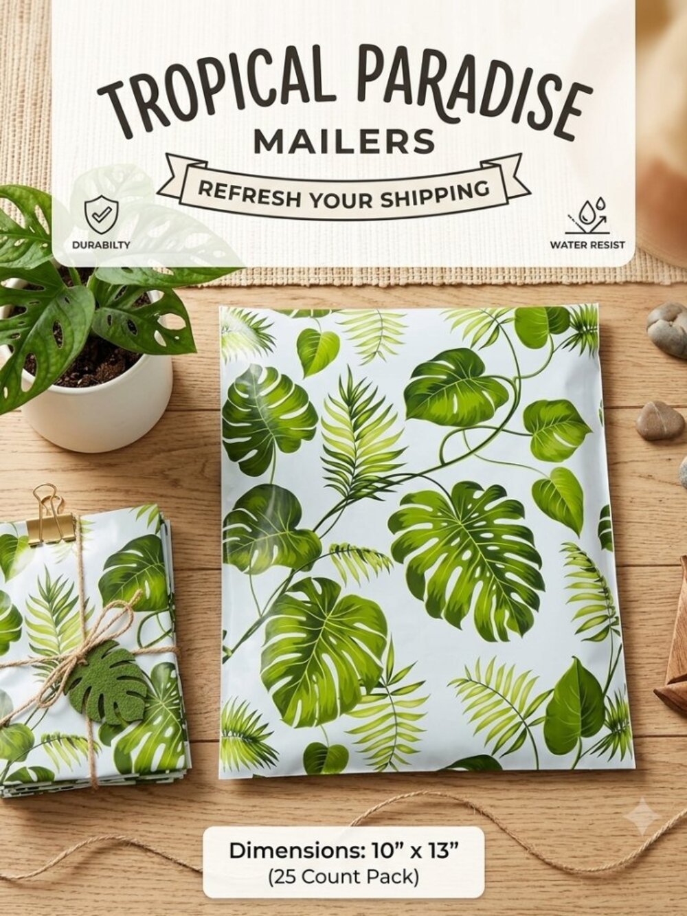 Tropical Palm Monstera Leaf Poly Mailers 10x13 Shipping Envelopes 25 Pack